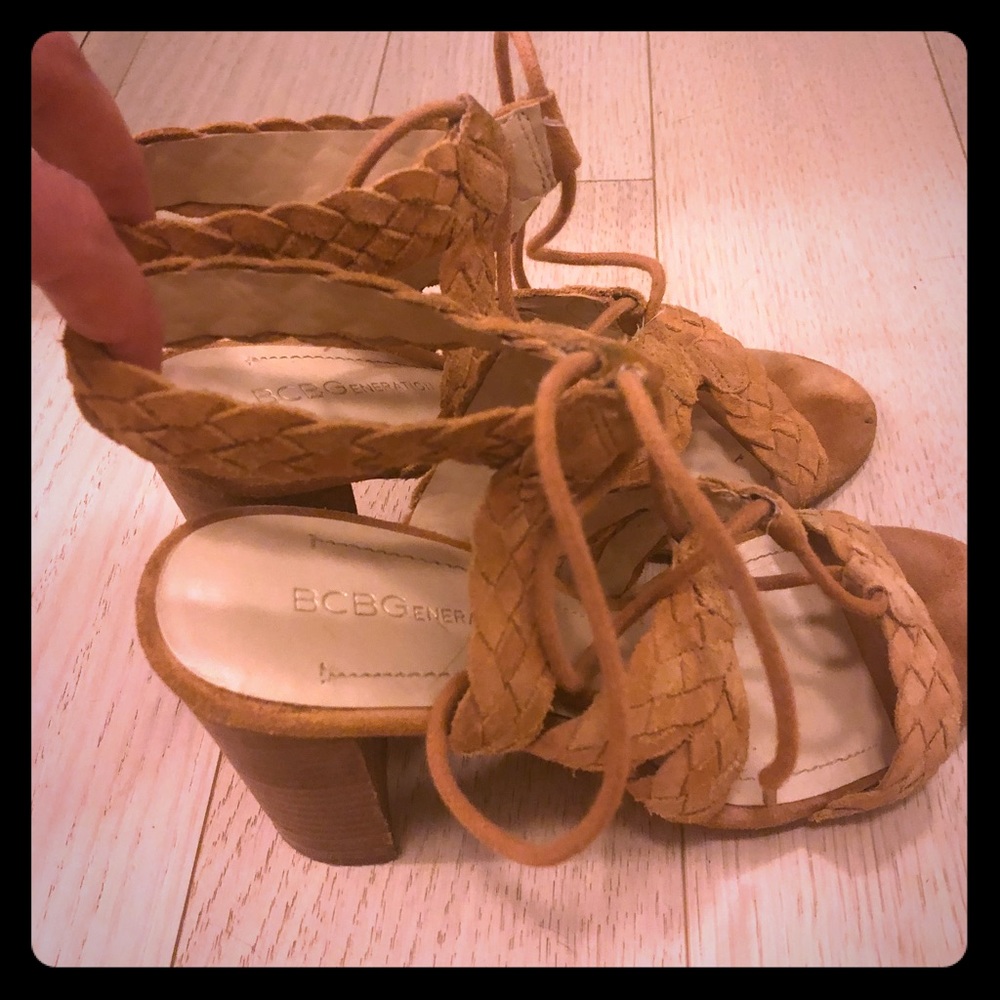 BCBG Gen open toe suede heel sandals, leather